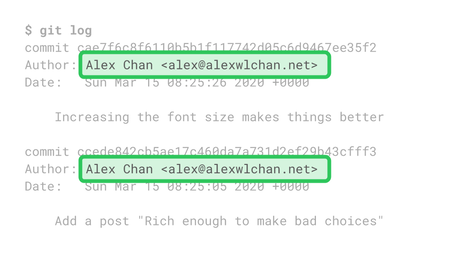 Output from a `git log` command, with the name and email address highlighted.